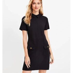NWT Loft Women's‎ Ponte Button Black and Gold Collared Pocket Shirt Dress Medium